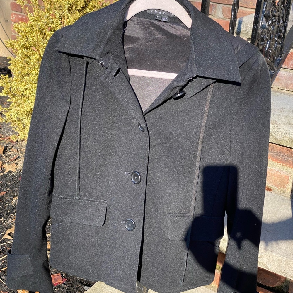 Theory Black Blazer Jacket with Detachable Hood and Drawstring Size: Medium
